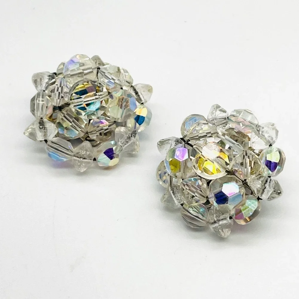 Vintage Aurora Borealis Crystal Bead Clip Earrings